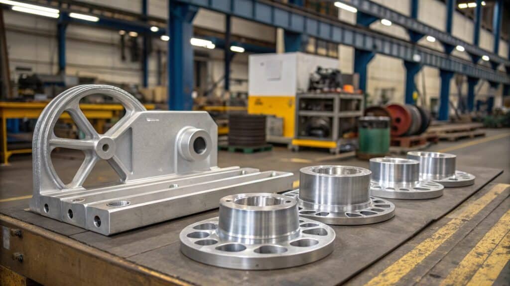 A large, complex forged aluminum ring being easily lifted by one person, highlighting its lightweight nature compared to a smaller but heavier steel equivalent.